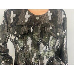 Dolce Cabo Women's Sequin Sz Med Jacket Green Black Brown Tan Camo Snap Closure
